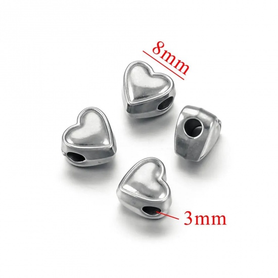 Immagine di 1 Piece Eco-friendly 304 Stainless Steel Casting Beads For DIY Charm Jewelry Making Heart Silver Tone 8mm x 8mm, Hole: Approx 3mm