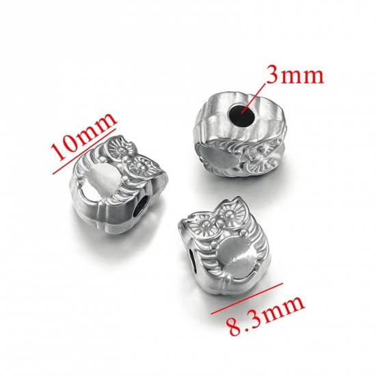 Immagine di 1 Piece Eco-friendly 304 Stainless Steel Casting Beads For DIY Charm Jewelry Making Owl Animal Silver Tone 10mm x 8mm, Hole: Approx 3mm