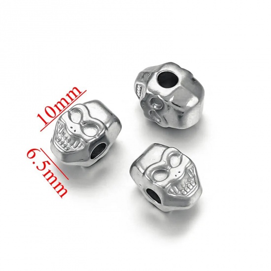 Immagine di 1 Piece Eco-friendly 304 Stainless Steel Casting Beads For DIY Charm Jewelry Making Skeleton Skull Silver Tone 10mm x 6.5mm, Hole: Approx 3mm