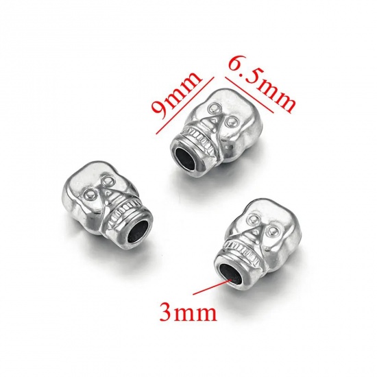 Immagine di 1 Piece Eco-friendly 304 Stainless Steel Casting Beads For DIY Charm Jewelry Making Skeleton Skull Silver Tone 9mm x 6.5mm, Hole: Approx 3mm