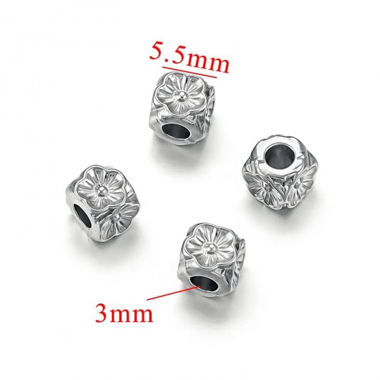 Immagine di 1 Piece Eco-friendly 304 Stainless Steel Casting Beads For DIY Charm Jewelry Making Cylinder Silver Tone Carved Pattern 5.5mm x 5.5mm, Hole: Approx 3mm