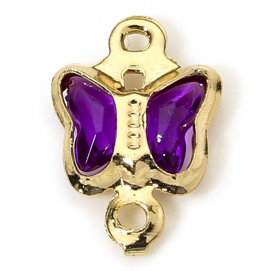 Immagine di 10 PCs Brass & Glass Insect Connectors Charms Pendants Gold Plated Purple Butterfly Animal 11mm x 7mm