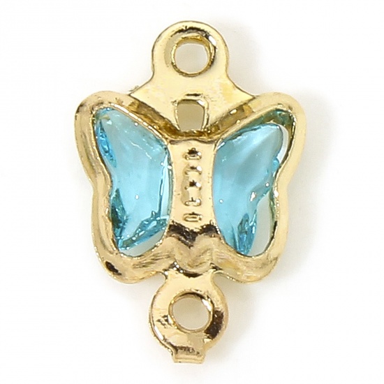 Bild von 10 Stück Messing und Glas Insekt Steckverbinder Charms Anhänger Vergoldet Hellblau Schmetterling 11mm x 7mm