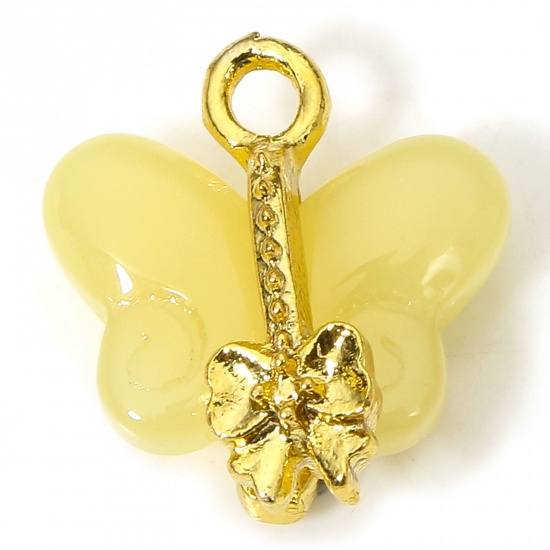 Immagine di 10 PCs Zinc Based Alloy & Lampwork Glass Insect Charms Yellow Butterfly Animal 15mm x 14.5mm