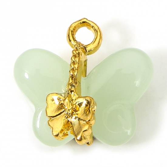 Picture of 10 PCs Zinc Based Alloy & Lampwork Glass Insect Charms Light Green Butterfly Animal 15mm x 14.5mm