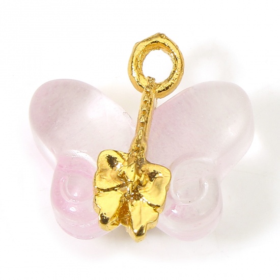 Picture of 10 PCs Zinc Based Alloy & Lampwork Glass Insect Charms Pink Butterfly Animal 15mm x 14.5mm