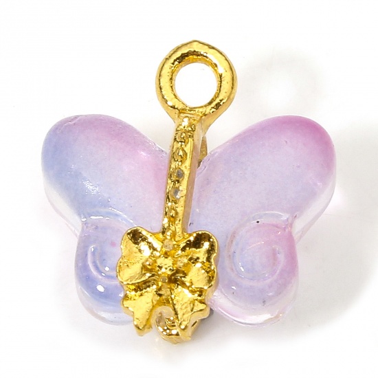 Picture of 10 PCs Zinc Based Alloy & Lampwork Glass Insect Charms Purple Butterfly Animal 15mm x 14.5mm