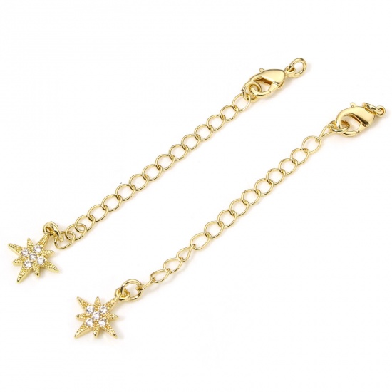 Immagine di 1 Piece Eco-friendly Brass Extender Chain Star 14K Real Gold Plated Micro Pave Clear Cubic Zirconia 5cm(2") long, 7.5cm