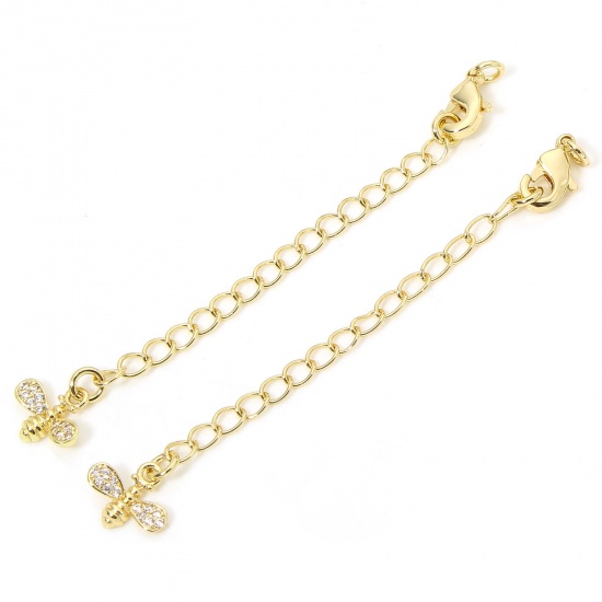 Immagine di 1 Piece Eco-friendly Brass Extender Chain Bee Animal 14K Real Gold Plated Micro Pave Clear Cubic Zirconia 5cm(2") long, 7.2cm