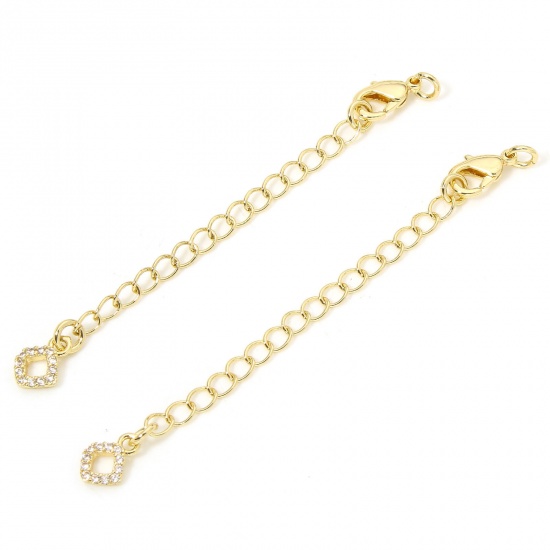 Immagine di 1 Piece Eco-friendly Brass Extender Chain Rhombus 14K Real Gold Plated Micro Pave Clear Cubic Zirconia 5cm(2") long, 7cm