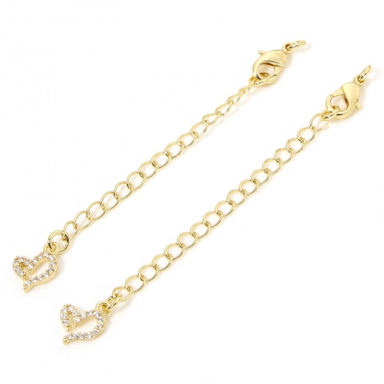 Immagine di 1 Piece Eco-friendly Brass Extender Chain Heart 14K Real Gold Plated Micro Pave Clear Cubic Zirconia 5cm(2") long, 7.5cm