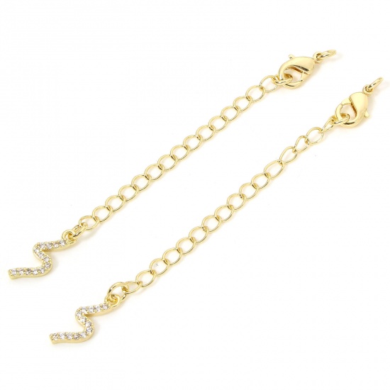 Immagine di 1 Piece Eco-friendly Brass Extender Chain S-shape 14K Real Gold Plated Micro Pave Clear Cubic Zirconia 5cm(2") long, 7.5cm