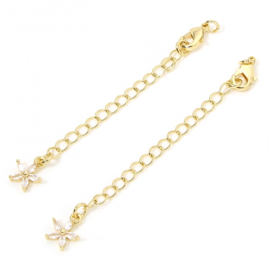 Immagine di 1 Piece Eco-friendly Brass Extender Chain Flower 14K Real Gold Plated Clear Cubic Zirconia 5cm(2") long, 7.3cm