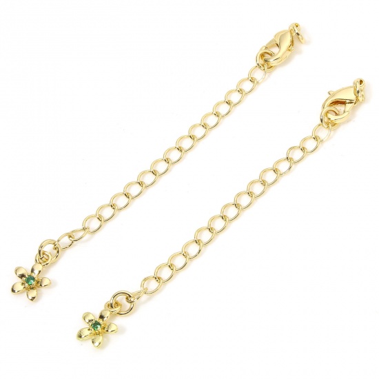 Immagine di 1 Piece Eco-friendly Brass Extender Chain Flower 14K Real Gold Plated Green Cubic Zirconia 5cm(2") long, 7.3cm