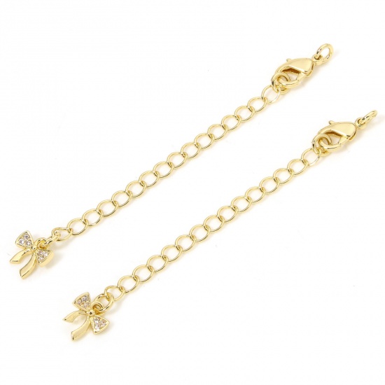 Immagine di 1 Piece Eco-friendly Brass Extender Chain Bowknot 14K Real Gold Plated Micro Pave Clear Cubic Zirconia 5cm(2") long, 7.2cm