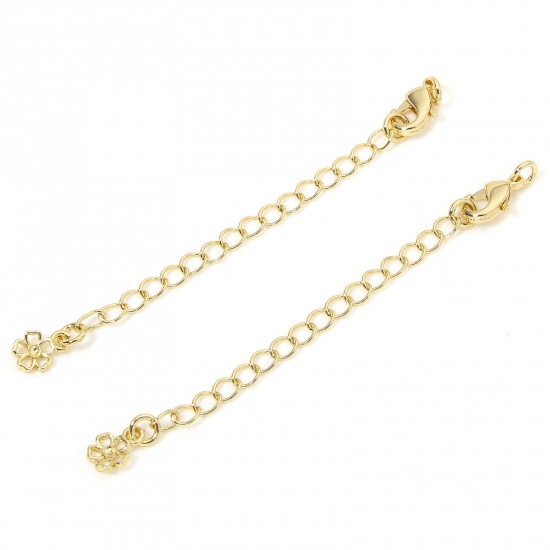 Immagine di 1 Piece Eco-friendly Brass Extender Chain Sakura Flower 14K Real Gold Plated Micro Pave Clear Cubic Zirconia 5cm(2") long, 7.2cm