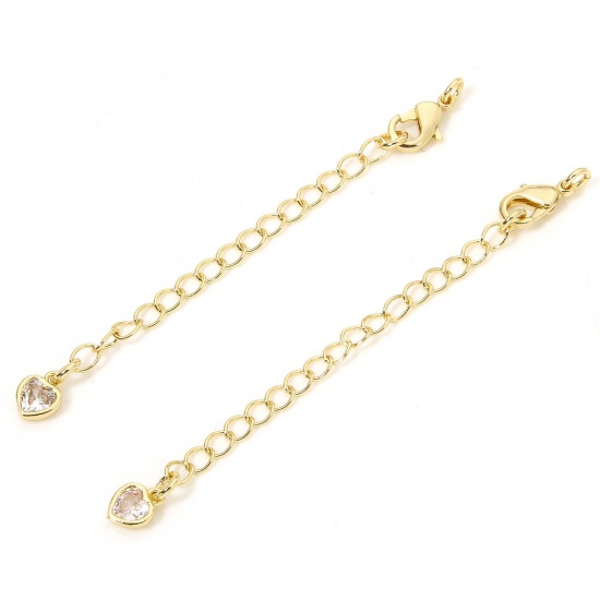 Immagine di 1 Piece Eco-friendly Brass Extender Chain Heart 14K Real Gold Plated Clear Cubic Zirconia 5cm(2") long, 7.3cm