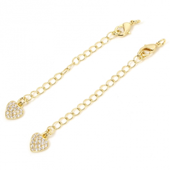 Immagine di 1 Piece Eco-friendly Brass Extender Chain Heart 14K Real Gold Plated Micro Pave Clear Cubic Zirconia 5cm(2") long, 7.3cm