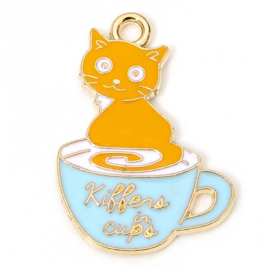 Picture of 10 PCs Zinc Based Alloy Charms Gold Plated Multicolor Cat Animal Cup Enamel 25mm x 17mm
