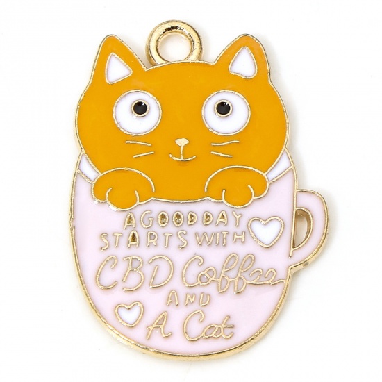 Immagine di 10 PCs Zinc Based Alloy Charms Gold Plated Multicolor Cat Animal Cup Enamel 25mm x 18mm