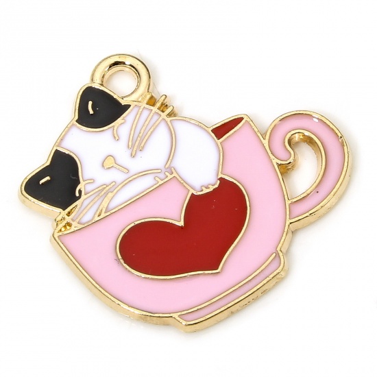 Picture of 10 PCs Zinc Based Alloy Charms Gold Plated Multicolor Cat Animal Cup Enamel 22mm x 20mm