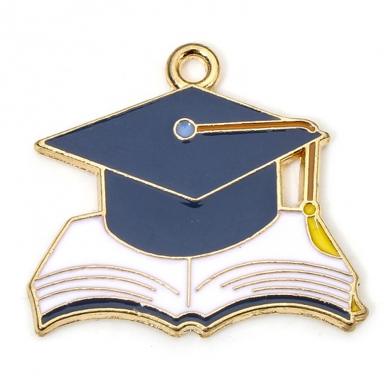 Immagine di 10 PCs Zinc Based Alloy College Jewelry Charms Gold Plated Multicolor Book Trencher Cap Enamel 25mm x 22.5mm