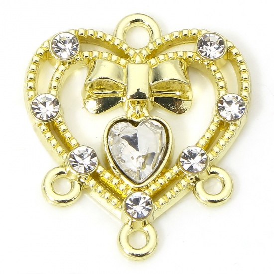 Picture of 5 PCs Zinc Based Alloy Valentine's Day Chandelier Connectors Gold Plated Heart Bowknot Hollow Clear Rhinestone 18mm x 16mm