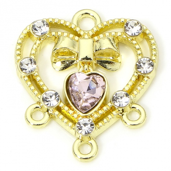 Immagine di 5 PCs Zinc Based Alloy Valentine's Day Chandelier Connectors Gold Plated Heart Bowknot Hollow Clear & Light Pink Rhinestone 18mm x 16mm