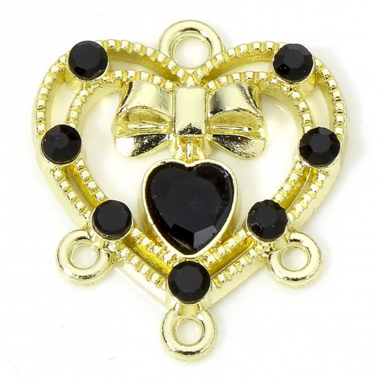 Picture of 5 PCs Zinc Based Alloy Valentine's Day Chandelier Connectors Gold Plated Heart Bowknot Hollow Black Rhinestone 18mm x 16mm