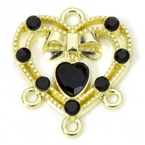 Immagine di 5 Pz Lega di Zinco San Valentino Lampadario Connettore Poroso Accessori Cuore Oro Placcato Cravatta a Farfalla Disegno Filigrana Nero Strass 18mm x 16mm