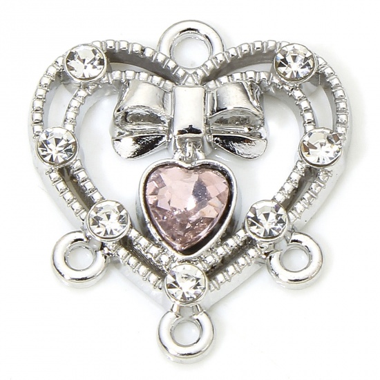 Picture of 5 PCs Zinc Based Alloy Valentine's Day Chandelier Connectors Silver Tone Heart Bowknot Hollow Clear & Light Pink Rhinestone 18mm x 16mm