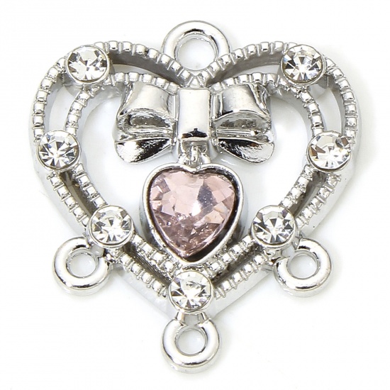 Immagine di 5 Pz Lega di Zinco San Valentino Lampadario Connettore Poroso Accessori Cuore Tono Argento Cravatta a Farfalla Disegno Filigrana Trasparente & Rosa Chiaro Strass 18mm x 16mm