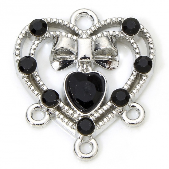 Picture of 5 PCs Zinc Based Alloy Valentine's Day Chandelier Connectors Silver Tone Heart Bowknot Hollow Black Rhinestone 18mm x 16mm