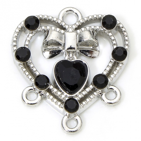 Immagine di 5 PCs Zinc Based Alloy Valentine's Day Chandelier Connectors Silver Tone Heart Bowknot Hollow Black Rhinestone 18mm x 16mm