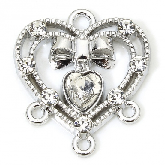 Picture of 5 PCs Zinc Based Alloy Valentine's Day Chandelier Connectors Silver Tone Heart Bowknot Hollow Clear Rhinestone 18mm x 16mm