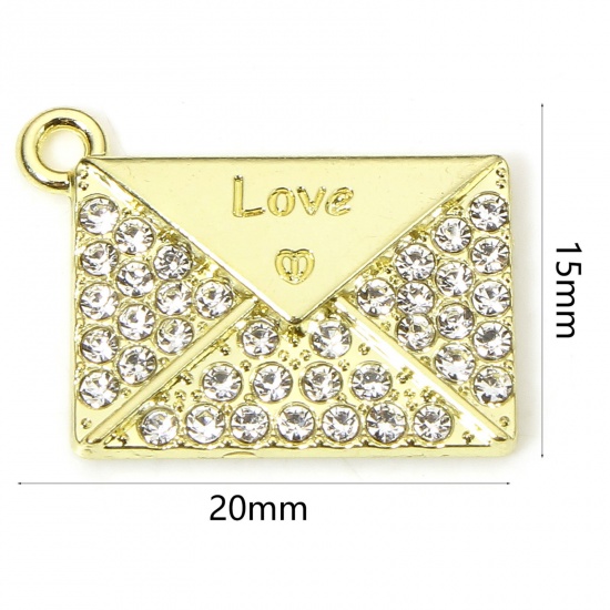 Immagine di 5 PCs Valentine's Day Charms Gold Plated Envelope Message " LOVE " Micro Pave Clear Rhinestone 20mm x 15mm
