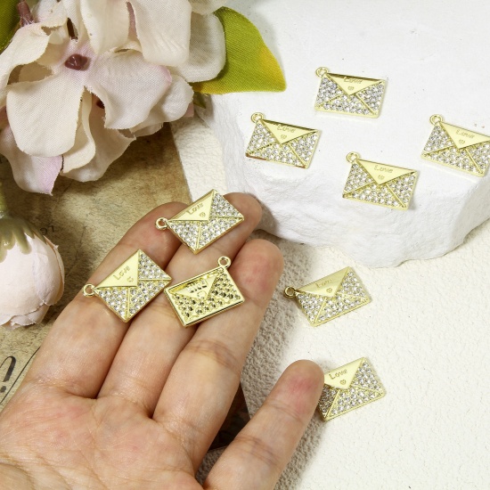 Picture of 5 PCs Valentine's Day Charms Gold Plated Envelope Message " LOVE " Micro Pave Clear Rhinestone 20mm x 15mm