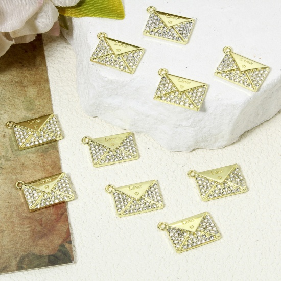 Picture of 5 PCs Valentine's Day Charms Gold Plated Envelope Message " LOVE " Micro Pave Clear Rhinestone 20mm x 15mm