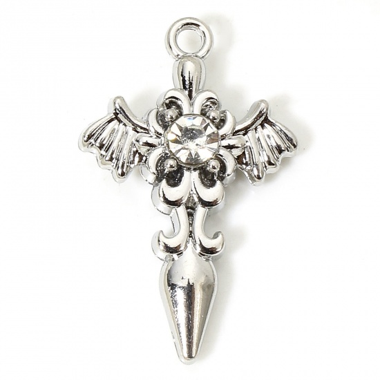 Picture of 5 PCs Zinc Based Alloy Religious Charms Silver Tone Cross Wing Clear Rhinestone 28mm x 18mm
