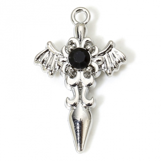 Picture of 5 PCs Zinc Based Alloy Religious Charms Silver Tone Cross Wing Black Rhinestone 28mm x 18mm