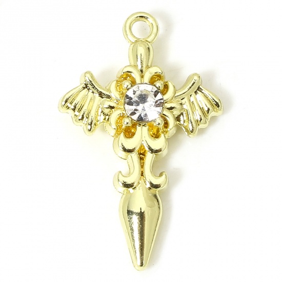 Immagine di 5 PCs Zinc Based Alloy Religious Charms Gold Plated Cross Wing Clear Rhinestone 28mm x 18mm