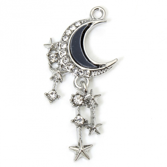 Immagine di 5 Pz Lega di Zinco Galassia Ciondoli Pendenti Tono Argento Luna Nappine Trasparente Strass Micro Spianare 3.8cm x 1.8cm