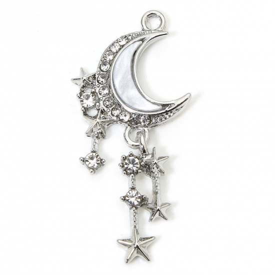 Immagine di 5 Pz Lega di Zinco Galassia Ciondoli Pendenti Tono Argento Luna Nappine Trasparente Strass Micro Spianare 3.8cm x 1.8cm