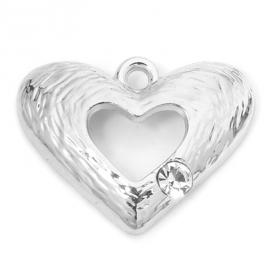 Immagine di 10 PCs Zinc Based Alloy Valentine's Day Charms Silver Tone Heart Texture Hollow Clear Rhinestone 21mm x 16mm