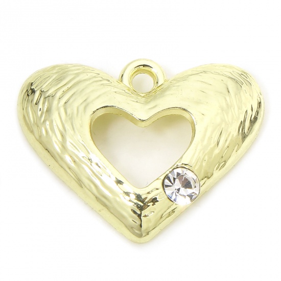 Picture of 10 PCs Zinc Based Alloy Valentine's Day Charms Gold Plated Heart Texture Hollow Clear Rhinestone 21mm x 16mm