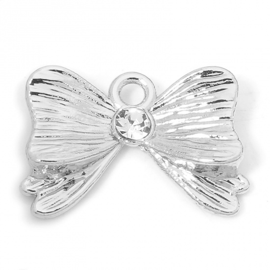 Picture of 10 PCs Zinc Based Alloy Clothes Charms Silver Tone Bowknot Texture Clear Rhinestone 20mm x 13.5mm