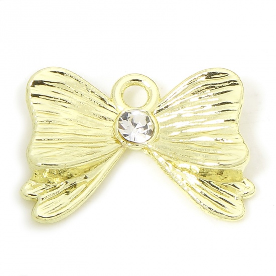 Picture of 10 PCs Zinc Based Alloy Clothes Charms Gold Plated Bowknot Texture Clear Rhinestone 20mm x 13.5mm