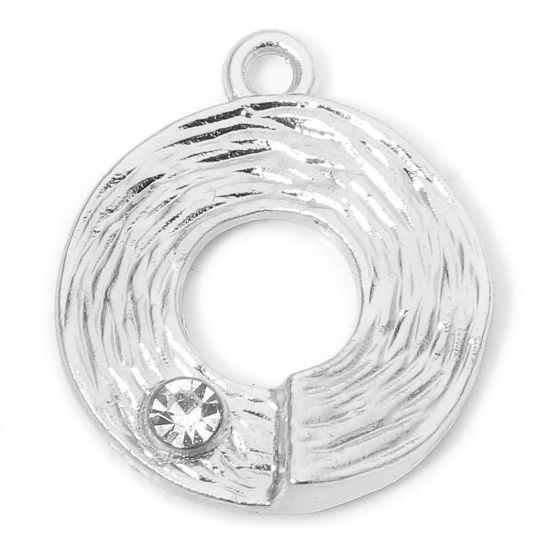 Picture of 10 PCs Zinc Based Alloy Geometric Charms Silver Tone Round Texture Hollow Clear Rhinestone 20mm x 17mm