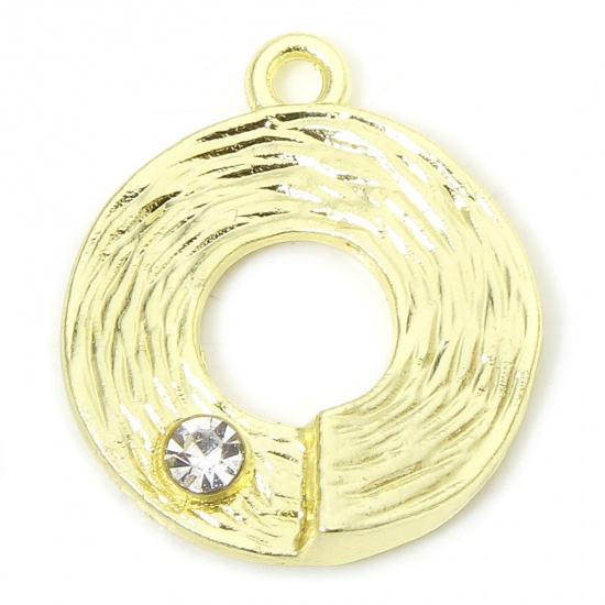 Picture of 10 PCs Zinc Based Alloy Geometric Charms Gold Plated Round Texture Hollow Clear Rhinestone 20mm x 17mm
