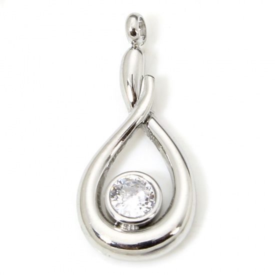 Picture of 1 Piece Eco-friendly 304 Stainless Steel Stylish Charms Silver Tone Drop Hollow Clear Rhinestone 18mm x 8.5mm